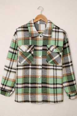 Clearance Dear-Lover Geometric Plaid Print Pocketed Shacket Green