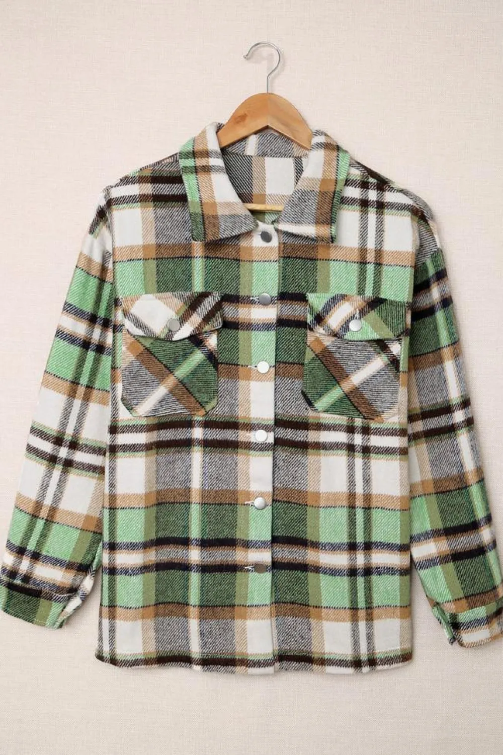 Clearance Dear-Lover Geometric Plaid Print Pocketed Shacket Green