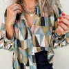 Online Dear-Lover Geometric Print Buttoned Balloon Sleeve Loose Fit Shirt Green