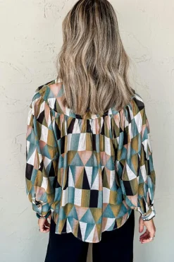 Online Dear-Lover Geometric Print Buttoned Balloon Sleeve Loose Fit Shirt Green