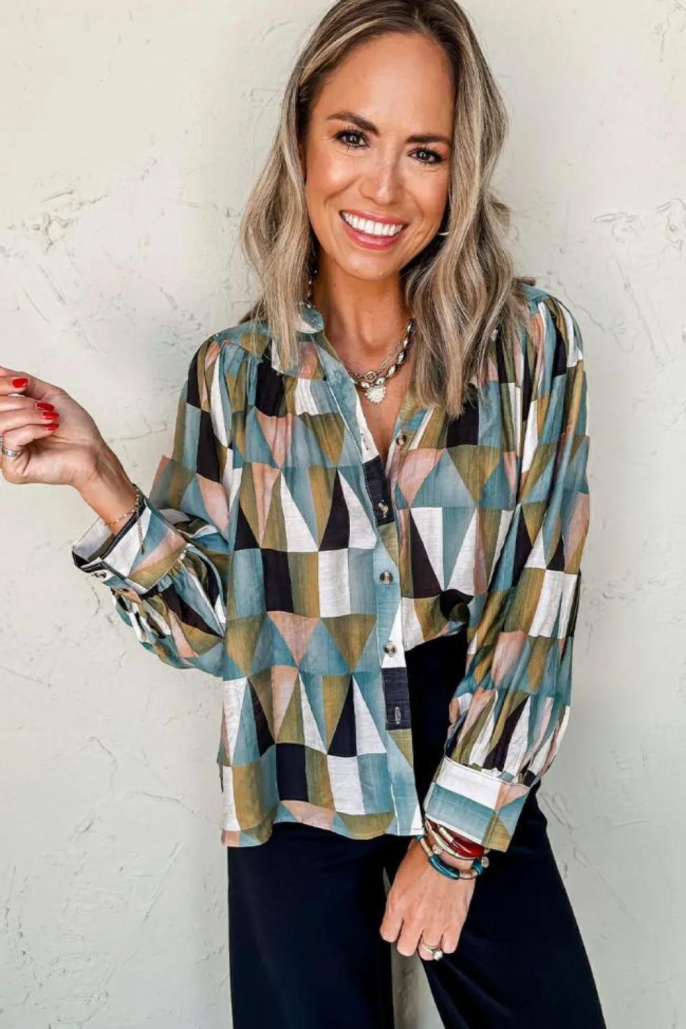 Online Dear-Lover Geometric Print Buttoned Balloon Sleeve Loose Fit Shirt Green