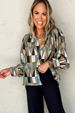 Online Dear-Lover Geometric Print Buttoned Balloon Sleeve Loose Fit Shirt Green