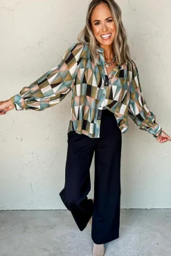 Online Dear-Lover Geometric Print Buttoned Balloon Sleeve Loose Fit Shirt Green