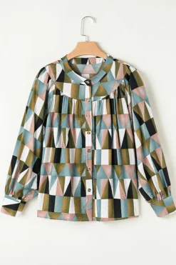 Online Dear-Lover Geometric Print Buttoned Balloon Sleeve Loose Fit Shirt Green