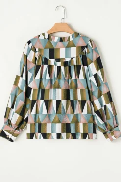Online Dear-Lover Geometric Print Buttoned Balloon Sleeve Loose Fit Shirt Green
