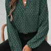 Fashion Dear-Lover Geometric Print Notched Neck Puff Sleeve Blouse Green