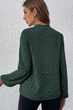 Fashion Dear-Lover Geometric Print Notched Neck Puff Sleeve Blouse Green