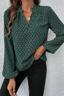 Fashion Dear-Lover Geometric Print Notched Neck Puff Sleeve Blouse Green