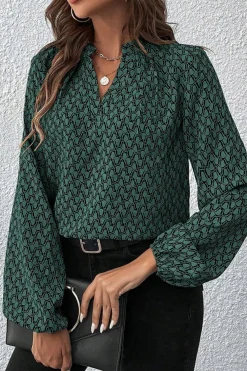 Fashion Dear-Lover Geometric Print Notched Neck Puff Sleeve Blouse Green