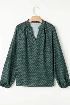 Fashion Dear-Lover Geometric Print Notched Neck Puff Sleeve Blouse Green