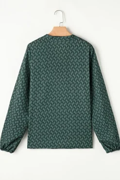 Fashion Dear-Lover Geometric Print Notched Neck Puff Sleeve Blouse Green