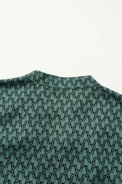 Fashion Dear-Lover Geometric Print Notched Neck Puff Sleeve Blouse Green