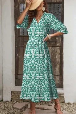 Sale Dear-Lover Geometric Print V Neck Casual Long Dress Green