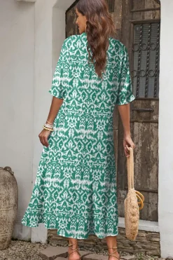 Sale Dear-Lover Geometric Print V Neck Casual Long Dress Green