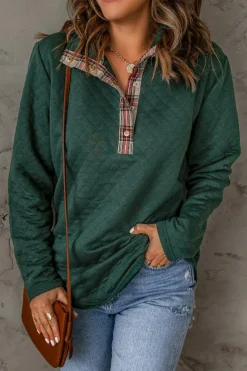 Online Dear-Lover Geometric Texture Plaid Trim Sweatshirt Green