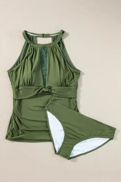 Discount Dear-Lover High Neck Plunge Mesh Ruched Tankini Swimwear Green