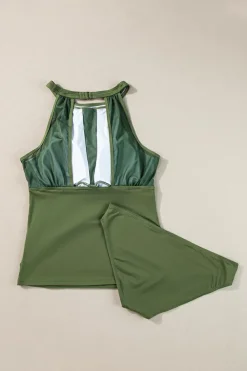 Discount Dear-Lover High Neck Plunge Mesh Ruched Tankini Swimwear Green
