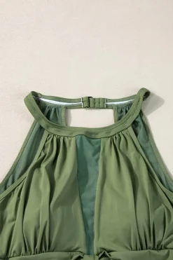 Discount Dear-Lover High Neck Plunge Mesh Ruched Tankini Swimwear Green
