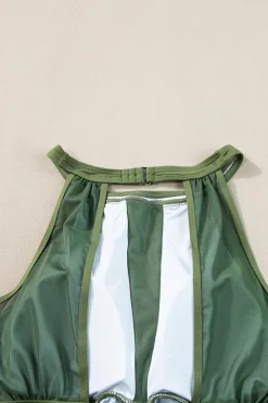 Discount Dear-Lover High Neck Plunge Mesh Ruched Tankini Swimwear Green