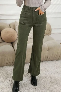 Hot Dear-Lover High Waist Square Pockets Corduroy Pants Green
