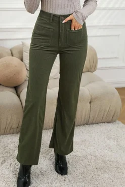 Hot Dear-Lover High Waist Square Pockets Corduroy Pants Green