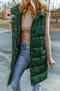 Discount Dear-Lover Hooded Long Quilted Vest Coat Green