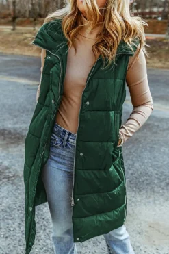 Discount Dear-Lover Hooded Long Quilted Vest Coat Green