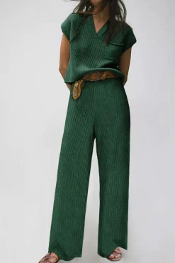 Sale Dear-Lover Knitted V Neck Sweater and Casual Pants Set Green