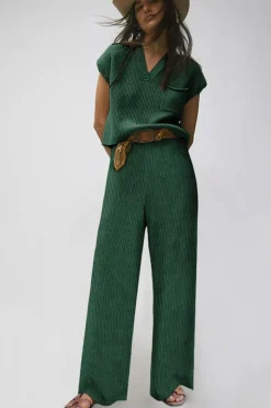 Sale Dear-Lover Knitted V Neck Sweater and Casual Pants Set Green