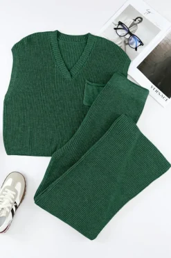 Sale Dear-Lover Knitted V Neck Sweater and Casual Pants Set Green