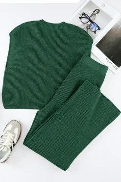 Sale Dear-Lover Knitted V Neck Sweater and Casual Pants Set Green