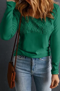 Best Dear-Lover Lace Crochet V Neck Long Sleeve Top Green