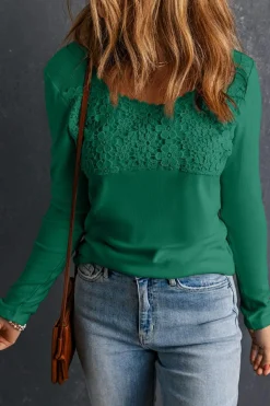 Best Dear-Lover Lace Crochet V Neck Long Sleeve Top Green