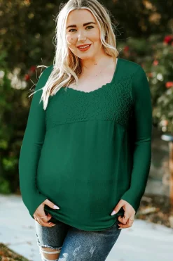 Best Dear-Lover Lace Crochet V Neck Long Sleeve Top Green
