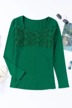 Best Dear-Lover Lace Crochet V Neck Long Sleeve Top Green