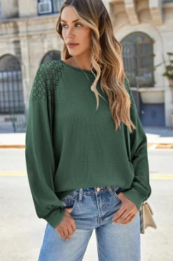 Best Dear-Lover Green Lace Long Sleeve Textured Pullover Blackish Green