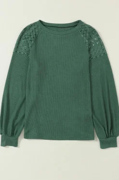 Best Dear-Lover Green Lace Long Sleeve Textured Pullover Blackish Green