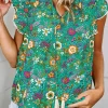 Sale Dear-Lover Lace Trim Flutter Sleeve Tropical Floral Blouse Green
