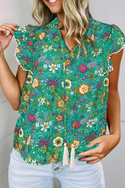 Sale Dear-Lover Lace Trim Flutter Sleeve Tropical Floral Blouse Green