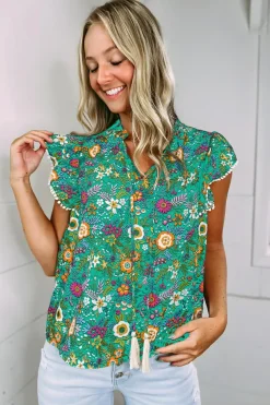 Sale Dear-Lover Lace Trim Flutter Sleeve Tropical Floral Blouse Green