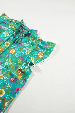 Sale Dear-Lover Lace Trim Flutter Sleeve Tropical Floral Blouse Green