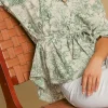 Discount Dear-Lover Landscape Print Tied 3/4 Sleeve Shirt with Sash Green