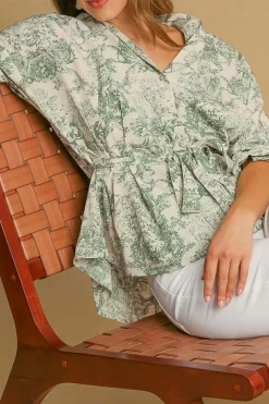 Discount Dear-Lover Landscape Print Tied 3/4 Sleeve Shirt with Sash Green