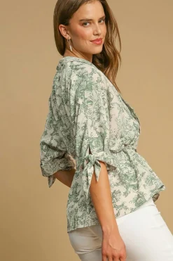 Discount Dear-Lover Landscape Print Tied 3/4 Sleeve Shirt with Sash Green