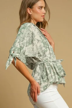 Discount Dear-Lover Landscape Print Tied 3/4 Sleeve Shirt with Sash Green