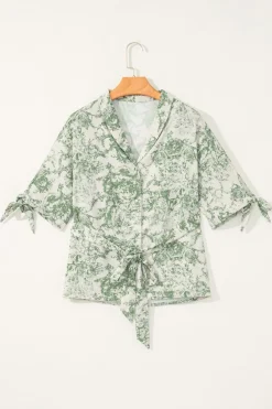 Discount Dear-Lover Landscape Print Tied 3/4 Sleeve Shirt with Sash Green