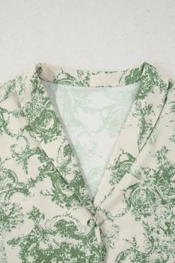 Discount Dear-Lover Landscape Print Tied 3/4 Sleeve Shirt with Sash Green