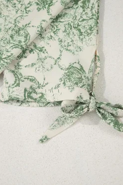 Discount Dear-Lover Landscape Print Tied 3/4 Sleeve Shirt with Sash Green