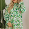 New Dear-Lover Leafy Printed Flounce Sleeve Shirred Mock Neck Blouse Green