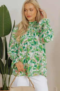 New Dear-Lover Leafy Printed Flounce Sleeve Shirred Mock Neck Blouse Green